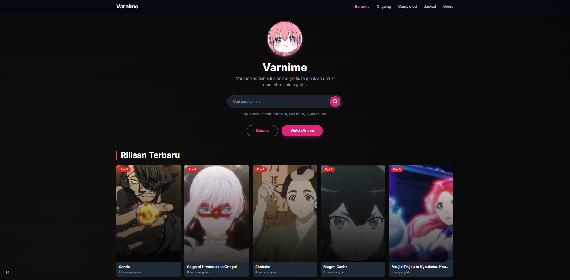 Screenshot Halaman Utama Proyek Varnime